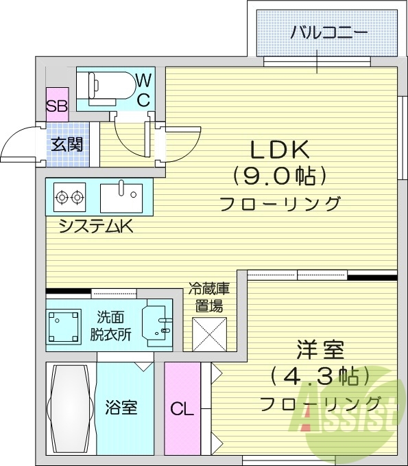 1LDK、都市ガス、エアコン、システムキッチン、ネット無料