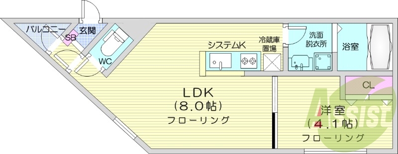 1LDK、都市ガス、エアコン、システムキッチン、ネット無料