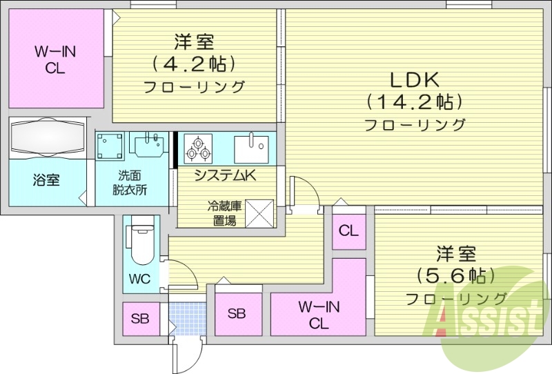 2LDK、都市ガス、エアコン、システムキッチン、浴室乾燥機