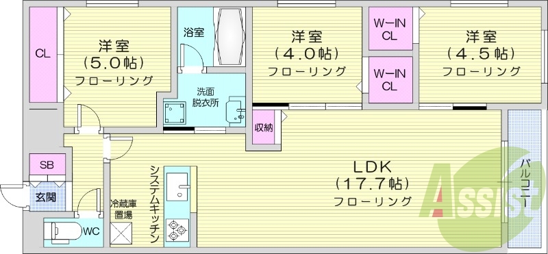 3LDK、都市ガス、エアコン、浴室乾燥機、システムキッチン