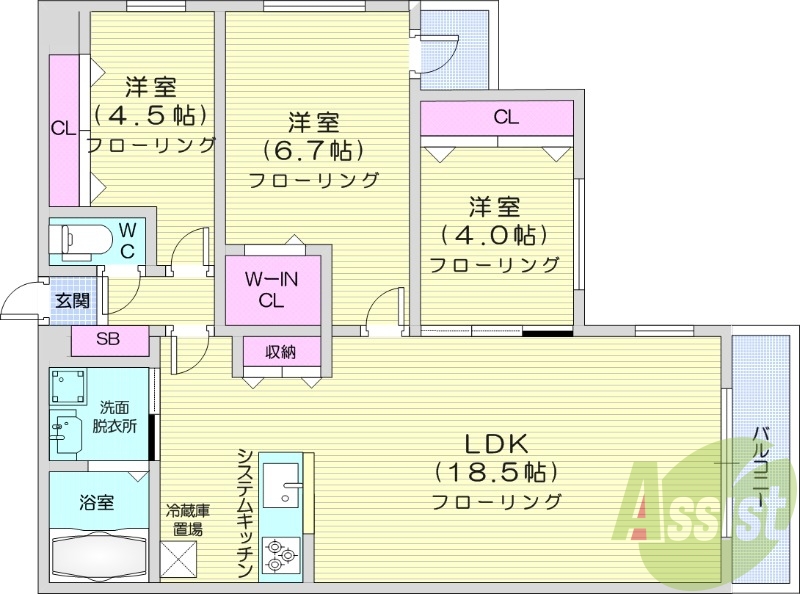 3LDK、都市ガス、エアコン、浴室乾燥機、システムキッチン