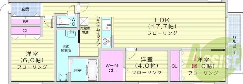 3LDK、都市ガス、エアコン、浴室乾燥機、システムキッチン