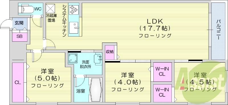 3LDK、都市ガス、エアコン、浴室乾燥機、システムキッチン