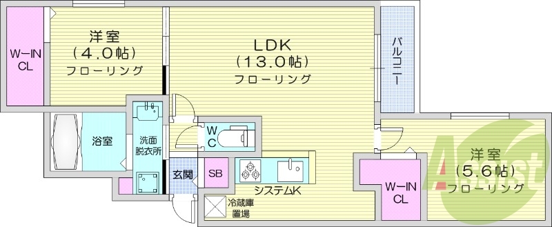 2LDK、都市ガス、エアコン、システムキッチン、浴室乾燥機