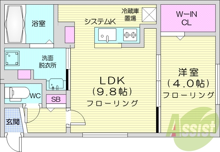 1LDK、都市ガス、エアコン、システムキッチン、浴室乾燥機