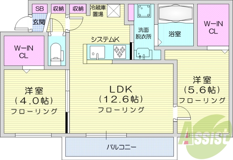 2LDK、都市ガス、エアコン、システムキッチン、浴室乾燥機