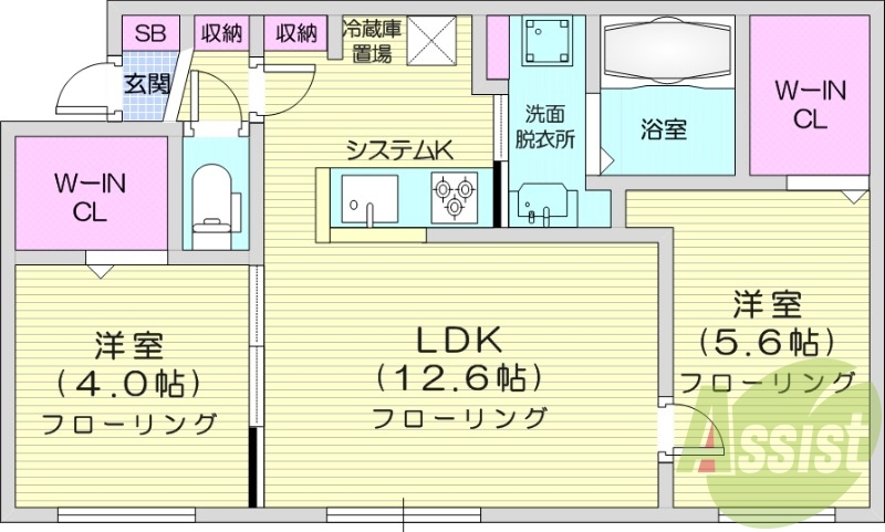 2LDK、都市ガス、エアコン、システムキッチン、浴室乾燥機