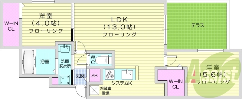 2LDK、都市ガス、エアコン、システムキッチン、浴室乾燥機