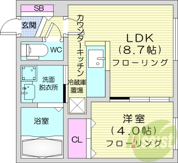 1LDK、都市ガス、エアコン、浴室乾燥機、独立洗面台