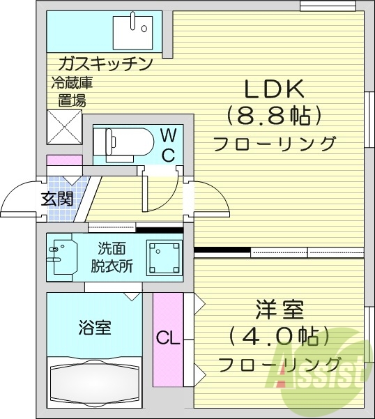 1LDK、都市ガス、エアコン、浴室乾燥機、独立洗面台