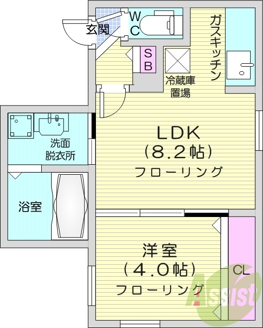 1LDK、都市ガス、エアコン、浴室乾燥機、独立洗面台