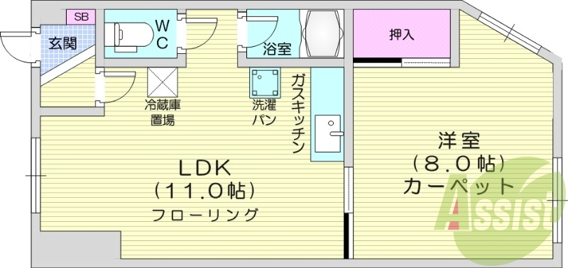 1LDK、灯油暖房、バストイレ別、モニター付きインターホン