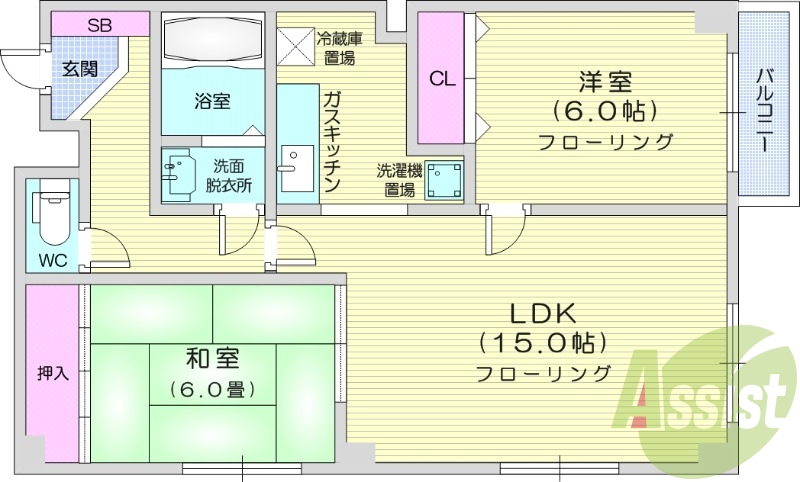 2LDK、オートロック、エアコン、シャワートイレ、バルコニー