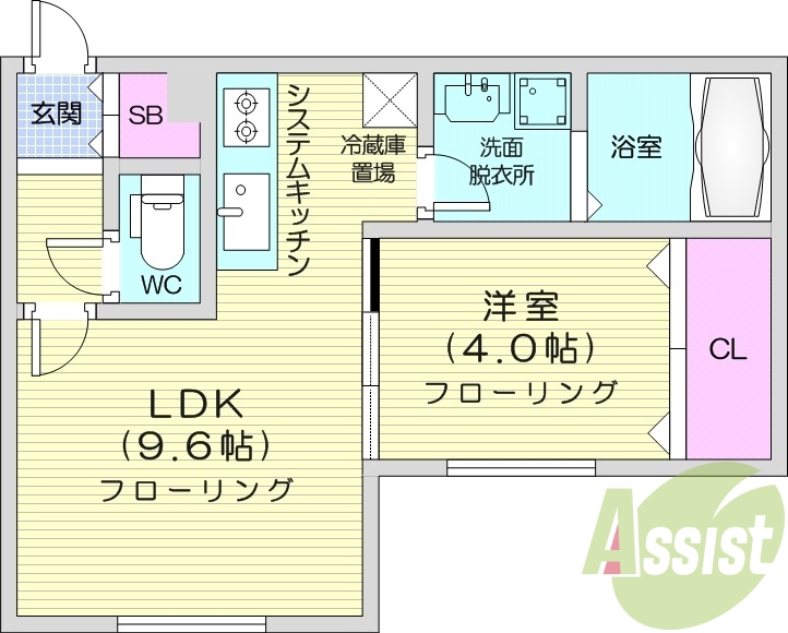 1LDK、都市ガス、システムキッチン、エアコン