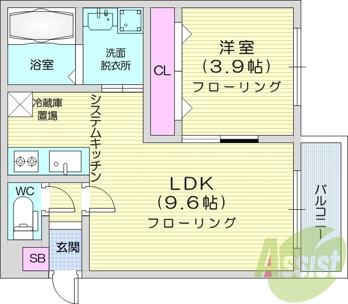 1LDK、都市ガス、システムキッチン、エアコン