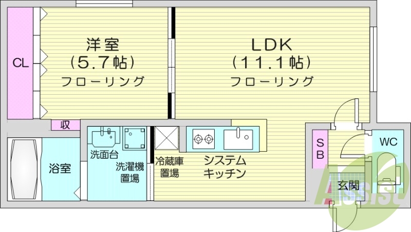 1LDK、エアコン、独立洗面台、システムキッチン、