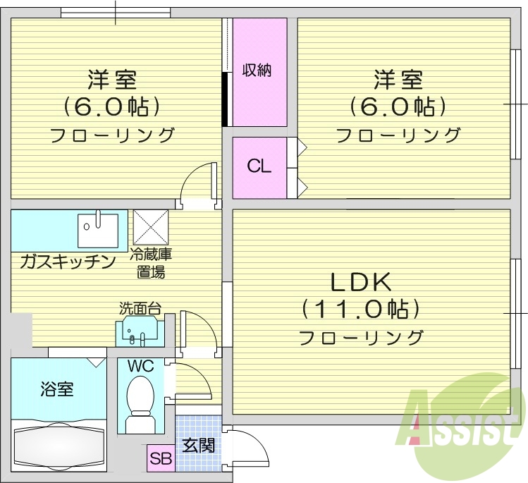 2LDK、灯油暖房、独立洗面台、バストイレ別