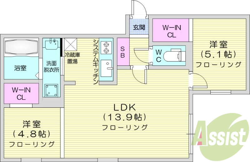 2LDK、都市ガス、エアコン、浴室乾燥機、システムキッチン