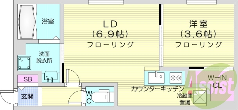 1LDK、エアコン、システムキッチン、独立洗面台