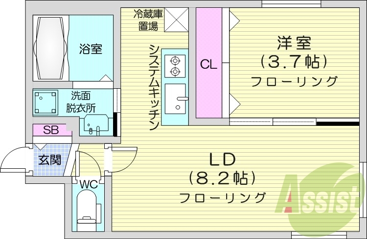 1LDK、エアコン、システムキッチン、独立洗面台