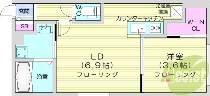 1LDK、エアコン、システムキッチン、独立洗面台
