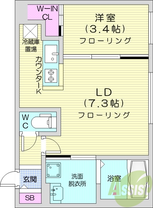 1LDK、エアコン、システムキッチン、独立洗面台
