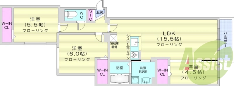 3LDK、都市ガス、エアコン、システムキッチン、浴室乾燥機