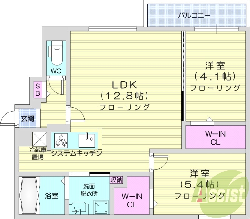 2LDK、都市ガス、エアコン、システムキッチン、浴室乾燥機