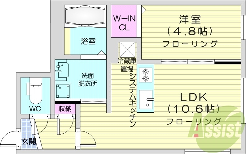 1LDK、都市ガス、浴室乾燥機、エアコン、システムキッチン