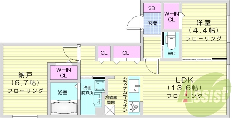 2LDK、都市ガス、エアコン、システムキッチン