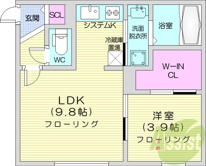 1LDK、都市ガス、エアコン、システムキッチン、灯油暖房