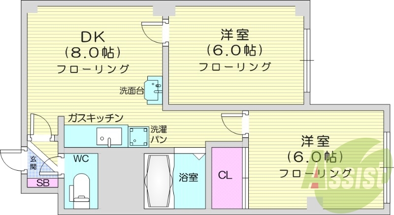 2LDK、洗髪洗面化粧台、TVインターホン