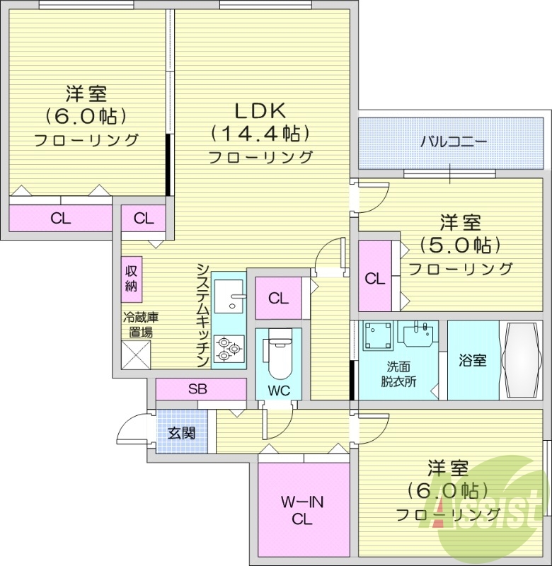 3LDK、都市ガス、エアコン、追い焚き、浴室乾燥機、1坪バス