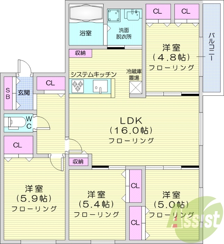 4LDK、都市ガス、エアコン、追い焚き、浴室乾燥機、1坪バス