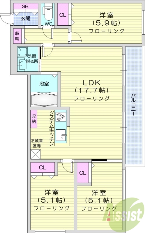 3LDK、都市ガス、エアコン、システムキッチン