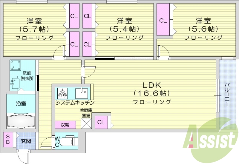 3LDK、都市ガス、エアコン、追い焚き、浴室乾燥機、1坪バス