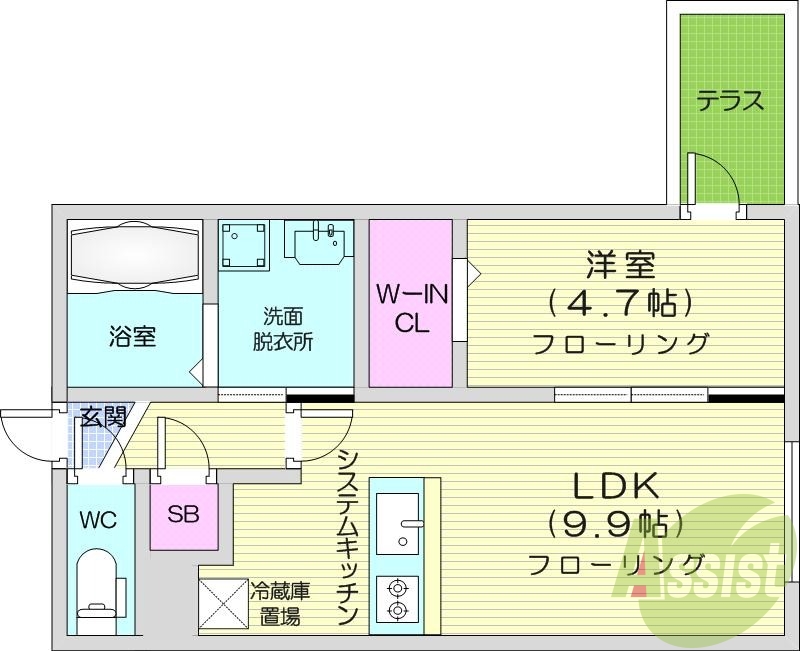 1LDK、都市ガス、浴室乾燥機、エアコン、システムキッチン