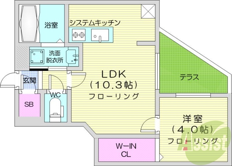 1LDK、都市ガス、浴室乾燥機、エアコン、システムキッチン