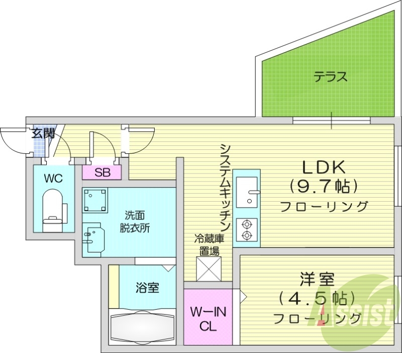 1LDK、都市ガス、浴室乾燥機、エアコン、システムキッチン