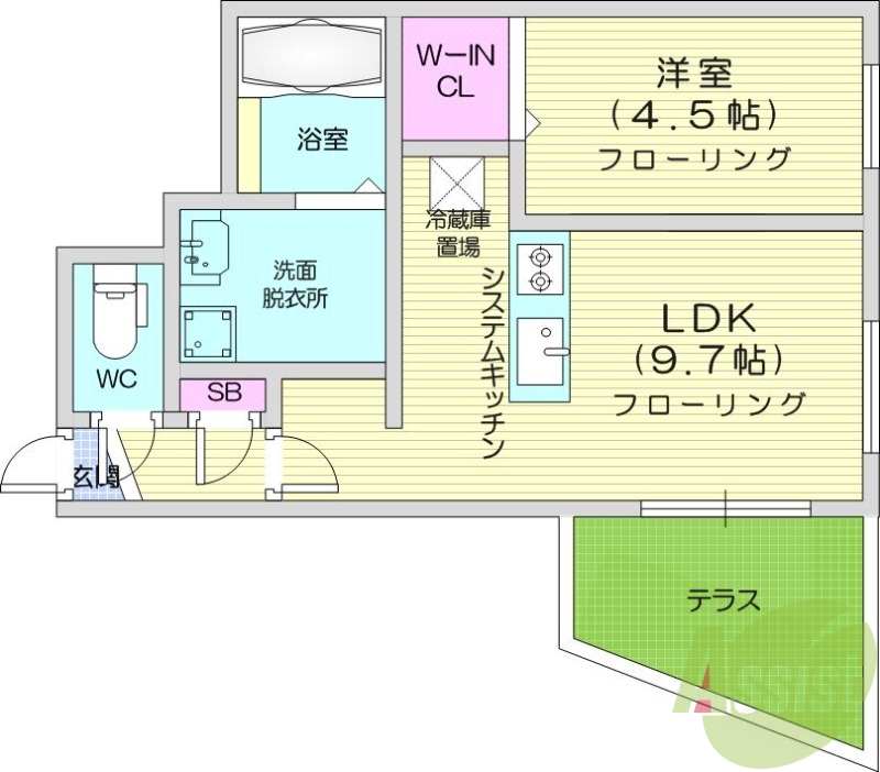 1LDK、都市ガス、浴室乾燥機、エアコン、システムキッチン