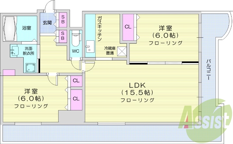 2LDK、バストイレ別、オートロック、ペット可