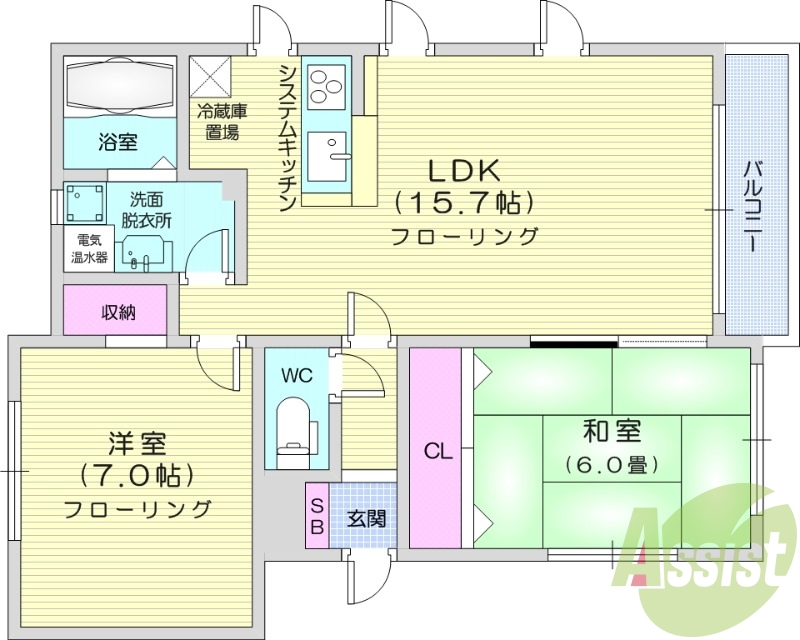 2LDK、オール電化、シャワートイレ、システムキッチン