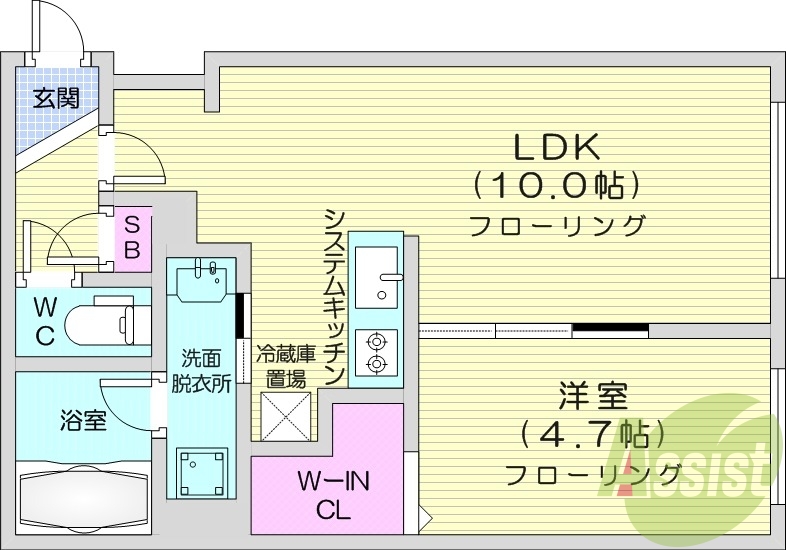 1LDK、エアコン、浴室乾燥機、システムキッチン