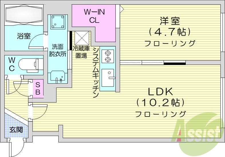 1LDK、エアコン、浴室乾燥機、システムキッチン