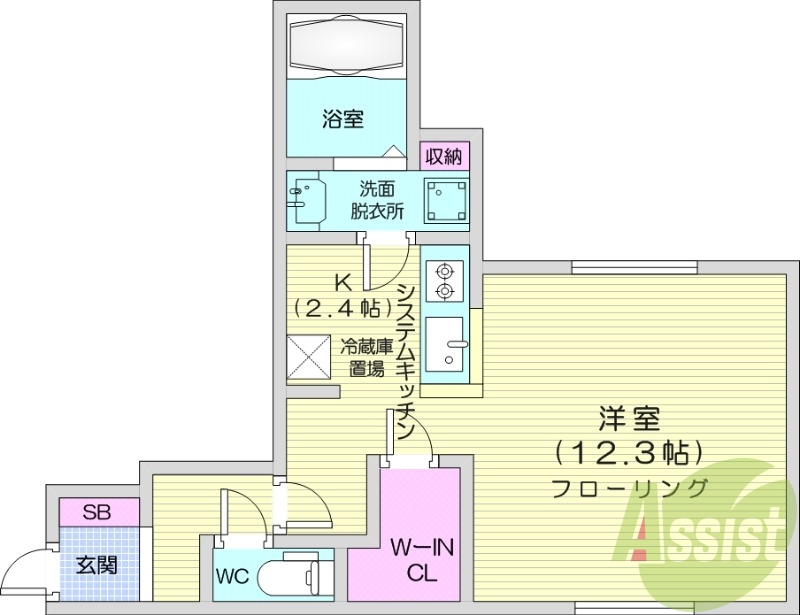 1K、エアコン、システムキッチン、角部屋
