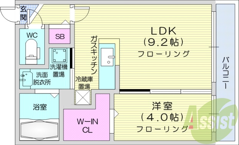 1LDK、都市ガス、ネット無料、ウォークインクローゼット