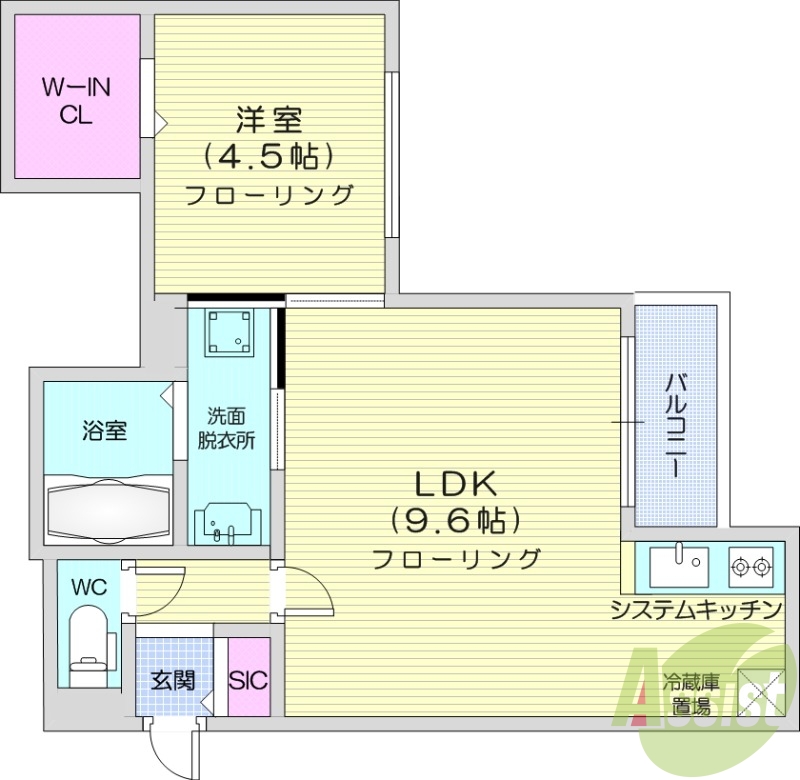 1LDK、都市ガス、浴室乾燥機、システムキッチン