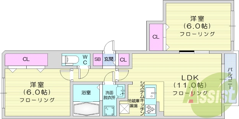2LDK、浴室乾燥機、エアコン、オートロック
