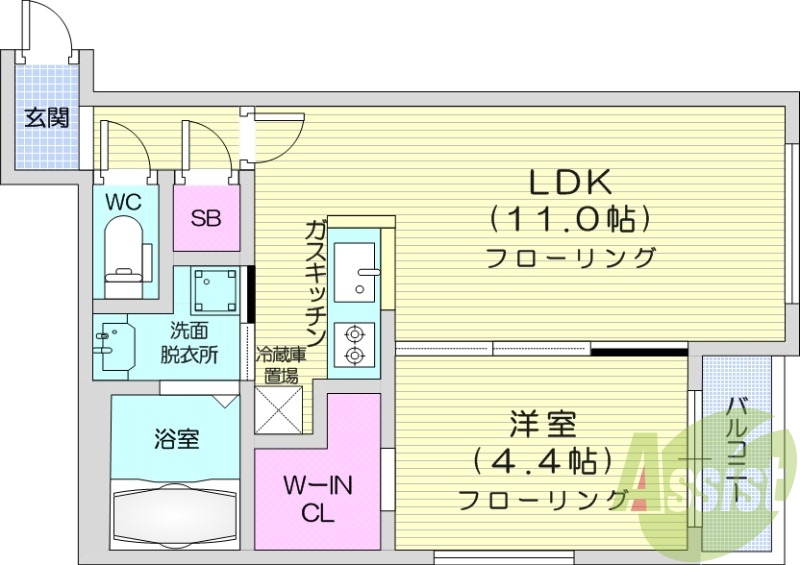 1LDK、エアコン、浴室乾燥機、システムキッチン