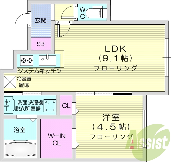 1LDK、都市ガス、浴室乾燥機、システムキッチン